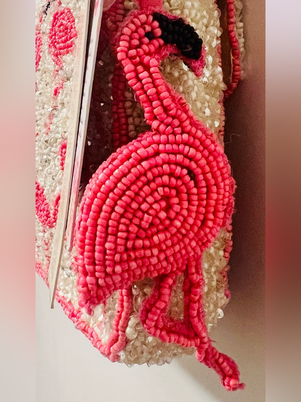 Pink Flamingo Beaded Top-Handle Bag White Sequins Viral Novelty India New - Picture 4 of 8